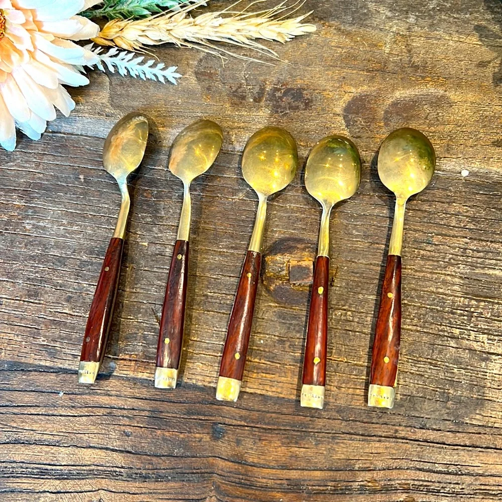 🎁 4/$25 - VINTAGE Thai bronze & wood teaspoons - set of 5 - 1950’s - Picture 2 of 6